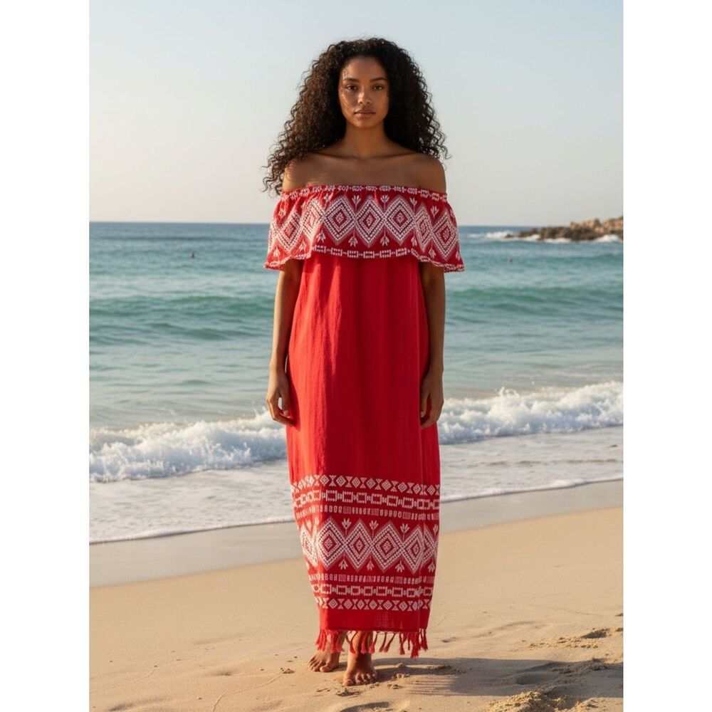 Vintage L. Fernando’s Off Shoulder Spanish a style Dress With Fringe Red White S